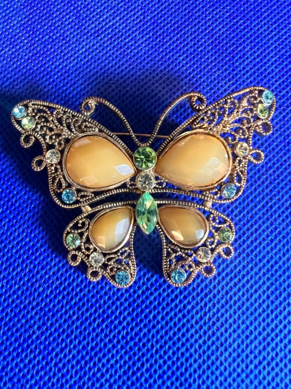 Gold-Tone Filigree Butterfly Brooch With Rhinestones & Faux Gem Accents 2.5 Inch